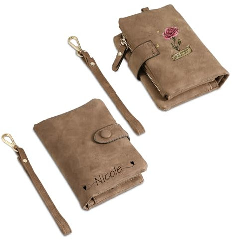 Glimmerday Portefeuille Personnalisé pour Femme, Portefeuille en Cuir Personnalisé avec Fleur de Naissance, Portefeuille Pliable, Porte-Carte de Crédit pour Femme, Cadeau Fête des Mères(Brun)