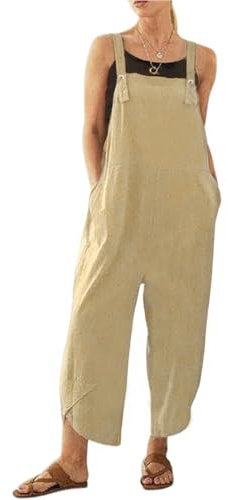 Brong Tuta da donna, salopette casual allentata, morbida tuta da donna in cotone e lino, tuta larga con spalline regolabili e tasche, Kaki, 3XL