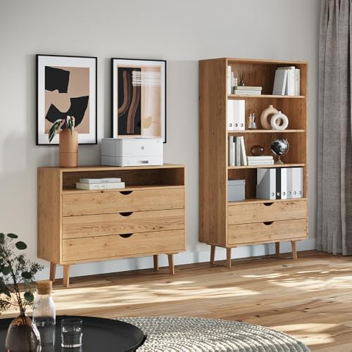 Lomadox Büromöbel Arbeitszimmer Homeoffice Set 2-teilig Kommode und Regal Eiche massiv