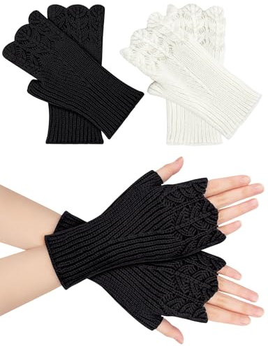 Becellen 2 Paar Fingerlose Handschuhe Damen, Winter Warme Pulswärmer Stricken Halb Fingerlose Handstulpen für Frauen Mädchen