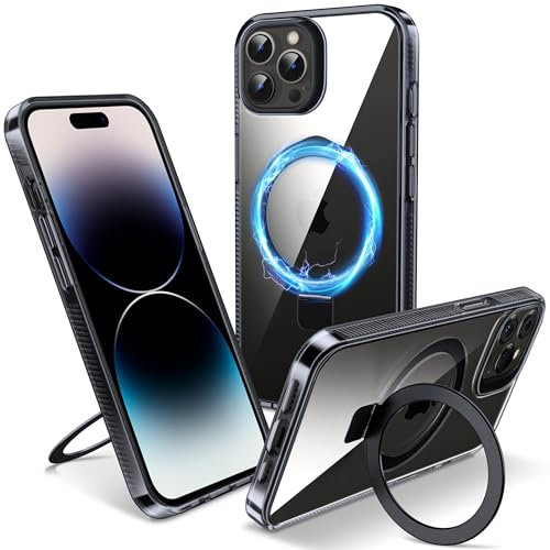 Flyzoo Magnetic Kickstand Case for iPhone 14 Pro, [Compatible with MagSafe & Invisible Ring Stand Holder] [Non-Yellowing & Shockproof] Clear Transparent Hard Silicone Edge Cover, 6.1'', Clear Black