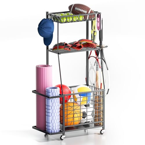 ZHOOGE Sports Equipment Organizer Garage Storage Organization, 3-Tier Rolling Cart with Hooks, Basket, Shelves, and Side Frames for Sports Gear and Toy Storage, Black, Large