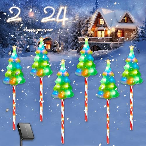 6 luci natalizie acriliche per esterni, a energia solare, a LED, decorazione natalizia con albero di Natale, luci rosse e bianche, 8 modalità di illuminazione, decorazione natalizia da giardino