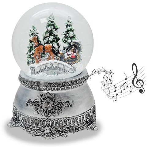 Schneekugel Spieluhr Weihnachten | Kutsche über Brücke | Sockel Zinnoptik Ornamente | mit Musik | Schüttelkugel Weihnachtsdekoration | B: 10 cm H: 14 cm | 20294