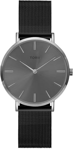 TORII Damenuhr Grau Edelstahl - rund Quarz S34BS.AS Milanaise-Armband Strichindizes wasserdicht 50 m