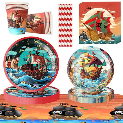 61 Stück Piraten Geburtstag Geschirr Set,Piratenschiff Partygeschirr Set Pappteller Kindergeburtstag,Pirat Pappteller Tassen Servietten für Party Kindergeburtstag Deko Junge Mädchen (Piraten)