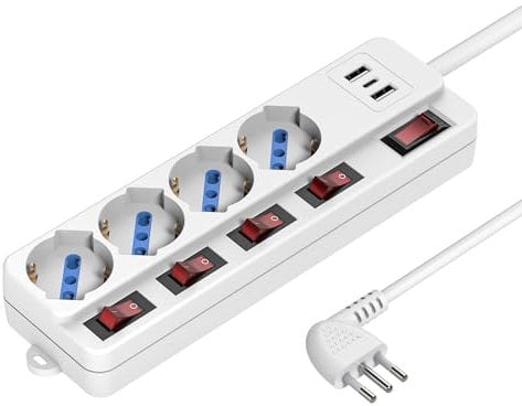 Mscien Ciabatta Multipresa Elettrica con USB, 4 Presa Multipla da Scrivania con Interruttori Indipendenti di Protezione 10A, Prolunga Elettrica 3 Metri, Posti (10/16A Universali ITA/Schuko), 3 MT Cavo