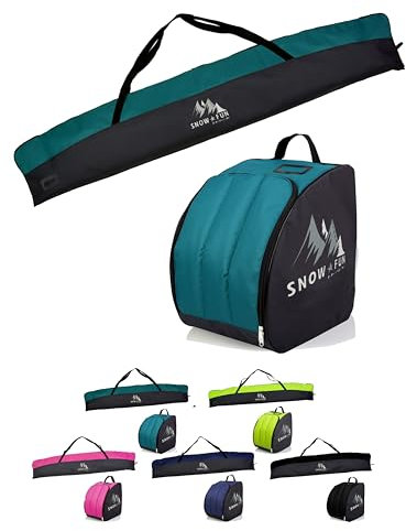 BambiniWelt Kinder Ski Set 125 cm Skitasche & Skischuhtasche Cordura, wasserdicht Skischuhrucksack Helmfach & Skibrillenfach – Skischule & Wintersport, Farbe: schwarz/türkis, Größe: 145cm