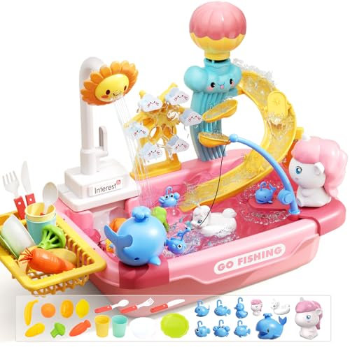 Cute stone - Fregadero de juego con agua corriente, fregadero con grifo eléctrico, juego de pesca, accesorios de cocina, pista de juego acuático, lavavajillas y mesa de agua al aire libre para niñas