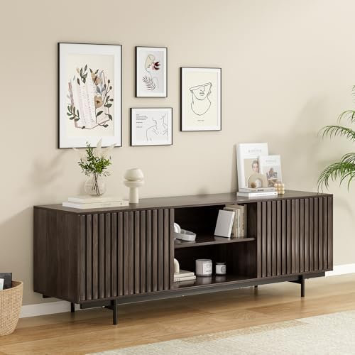 Mid Century Modern TV Stand for TVs Up to 75, Farmhouse Fluted Retro Wood with Storage and Shelf, Entertainment Center with Pop-Up Doors for Living Room, Bedroom