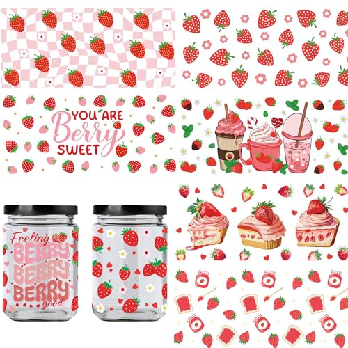 UV DTF Cup Wrap Transfer - 8 Sheet Strawberry Rub On Transfer Stickers Strawberry Cake Flowers Ice Cream Rub On Decals Fruit Transfer Stickers for Fruit Lovers 16 Oz Glass Cups DIY Furniture Craft