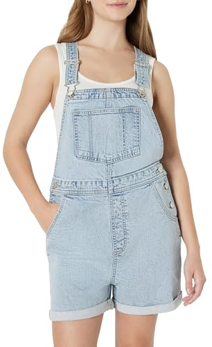 Amazon Essentials Salopette Courte en Denim, Bretelles Réglables, Coupe Décontractée, Moyennement Extensible Femme, Lavage léger classique, L