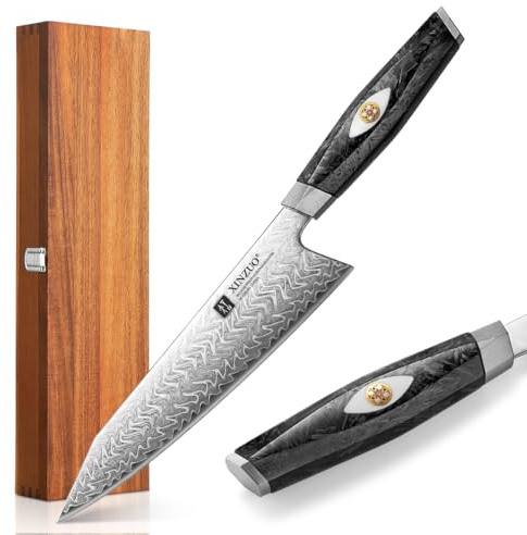 XINZUO 21,5cm Cuchillo de Cocinero de 145 Capas de Acero de Damasco Forjado a Mano Profesional Cuchillo Chef de Cocina -Acero en Polvo M390 de Austriaco -Mango de Resina de Fibra de Carbono Negra