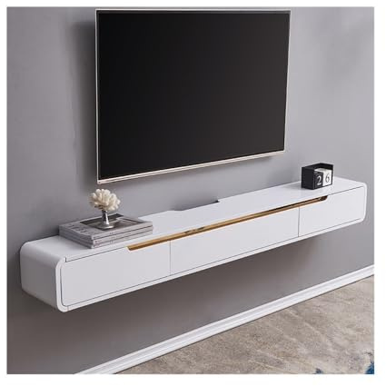Meuble TV flottant Meuble TV flottant moderne, console TV murale en bois avec armoire à porte rabattable et 2 tiroirs, centre de divertissement flottant peu encombrant, bois d'hévéa Meuble TV mural(Bl
