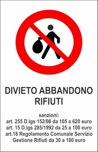 M-ITALY CARTELLO SEGNALETICO - DIVIETO ABBANDONO RIFIUTI - Adesivo Extra Resistente, Pannello in Forex, Pannello In Alluminio (Adesivo, 10x15 cm)