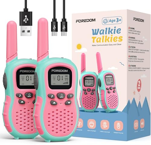 FOREDOM Wiederaufladbare Walkie Talkies für Kinder Walkie Talkies Funkgeräte Set 3-12 Jahre alte Jungen & Mädchen Spielzeug mit Taschenlampe, Abenteuer, Camping, Wandern – 2er Set