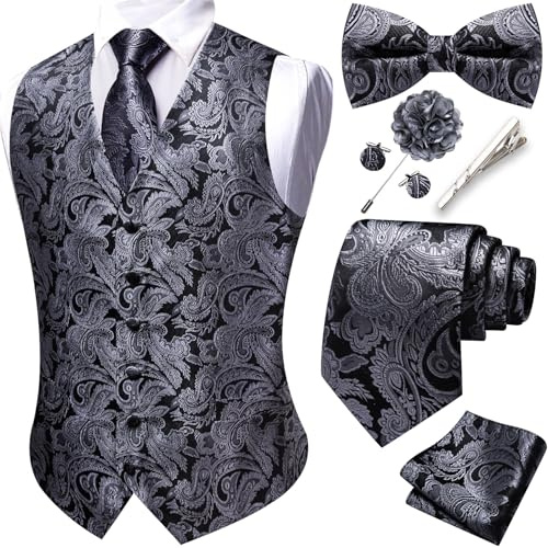 Barry.Wang Men's Brown Waistcoat Tie Bowtie Set Hanky Cufflinks Tie Clips
