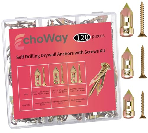 3 Sizes Self Drilling Drywall Anchors with Screws Kit, 120PCS Heavy Duty Galvanized Metal Expansion Anchors, Drywall Grip Anchors and Screws for Shelf, Mirror, Pictures Frames