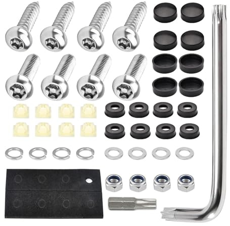 Verazquy Anti Theft Number Plate Screws Fitting Kit 304 Stainless Steel Security Bolts with Key Tool, Foam Pads Black Caps for Cars Motorcycles and Trucks