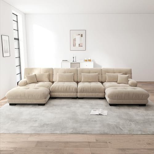 OPODEE Modulares Ecksofa U-Form Chenille, 4-Sitzer Couch mit Hocker, Cloud Sofa Garnitur Hellbraun für Wohnzimmer, DIY Wohnlandschaft Modern
