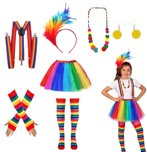 JrnSvp Karneval Regenbogen Kostüm Damen, 7 Stück Regenbogen Kostüm Feder Haarreif, Tüllrock, Handschuhen, Kniestrümpfe Bunt, Hosenträger, Halskette für 50er Karneval Halloween Fasching Mottoparty