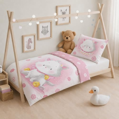 texpot Kinderbettwäsche Set 100 x 135 + 40 x 60 cm mit niedlichen Druckmotiven 100% Baumwolle Reißverschluss pflegeleicht (100 x 135 cm + 40 x 60 cm, Katze)