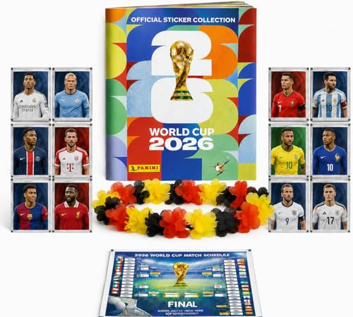 XXL Set Collezione Coppa del Mondo 2026 – Album Panini + Figurine da Incollare, Calendario Partite & Collana di Fiori Germania, Bundle XXL (1 Bustina / 13 Figurine)