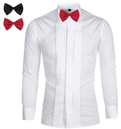 Sliktaa Chemises Hommes Habillées Plissés Classiques Slim Fit Dîner Soirée Tuxedo Chemise de Mariage - L - Blanc