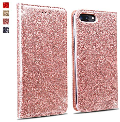 OKZone iPhone 8 Plus/iPhone 7 Plus Case, Luxury Bling Glitter Sparkly PU Leather Flip Wallet [Magnetic Closure] [Inner Soft TPU] Folio Case For Apple iPhone 8 Plus/iPhone 7 Plus (Rose Gold)