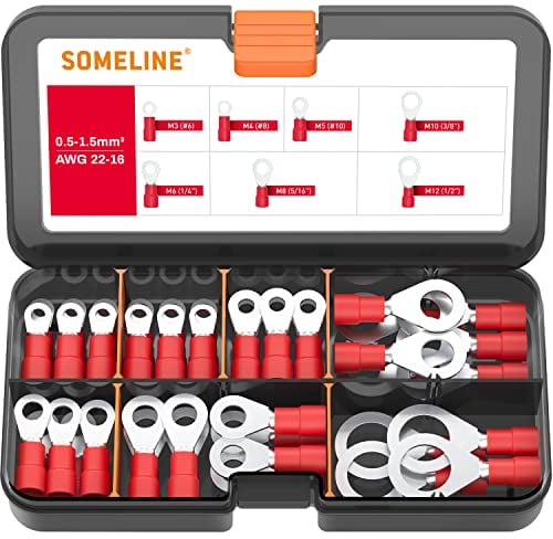 SOMELINE Ringkabelschuhe 0,34-1.5 mm² Kabelschuhe Set Rotes Loch Ø M3 M4 M5 M6 M8 M10 M12 Quetschverbinder Teillisoliert PVC Kabel-Verbinder aus Kupfer verzinnt Ring Kabelschuhe 7 Größe 60 Stück
