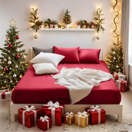 MOHAP King Size Fitted Sheet Red with Extra Deep 16 inch 40 cm Pocket Bed Sheet Only Bedsheet Brushed Microfiber Bottom Sheet for King Bed 150x200 Red