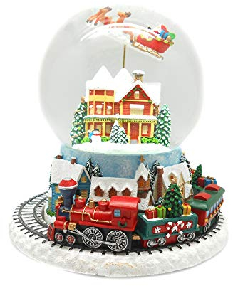Schneekugel/Spieluhr zum Aufziehen, rotierender Zug & Fliegender Schlitten Ø120mm H.: 18cm (0900040)