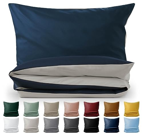 Blumtal Wendebettwäsche 135x200 - aus atmungsaktiver Mikrofaser - Bettbezug 135x200 + Kissenbezug 40x80 Oeko-Tex - weiches & bügelfreies Bettwäsche-Set, 2teilig, Blau/Hellgrau