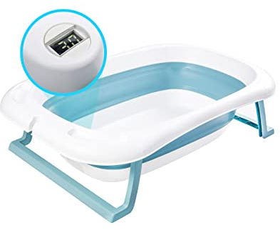 wuuhoo® ergonomische Baby-Badewanne Samy, Faltbare Badewanne für Babys, Kinderbadewanne mit Thermometer, Bade-Kissen optional, Badewanne für Babys und Neugeborene ohne Badewannenkissen (Blau)