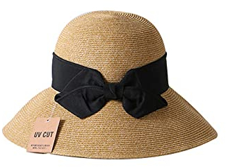 Chapeau Paille Femme Femmes Chapeaux De Paille Réglable Large Bord Protection Solaire Plage Chapeau De Pêcheur Grand Noeud Ruban-Noir