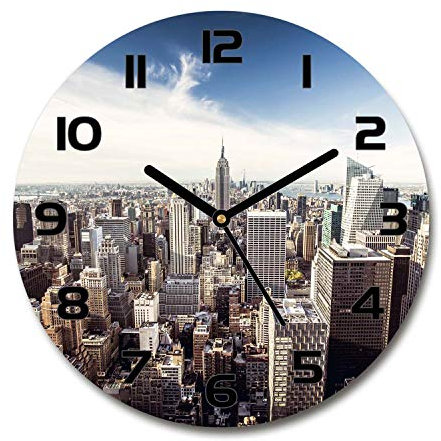 Tulup Glasuhr ⌀ 60cm - Schwarze Zeigern - Wanduhr Wandkunst Bild Gehärtetem Glas Uhr Echtglas Küche Wohnzimmer - New York