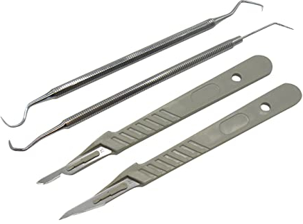Instrumentezentrum 4er Entgitterhaken Entgitternadel Set mit 2 Skalpellen für Folien Plotter- spitz gebogen scharf - Entgitterwerkzeug rostfreier Edelstahl - Plotterfolie Flexfolie Flockfolie