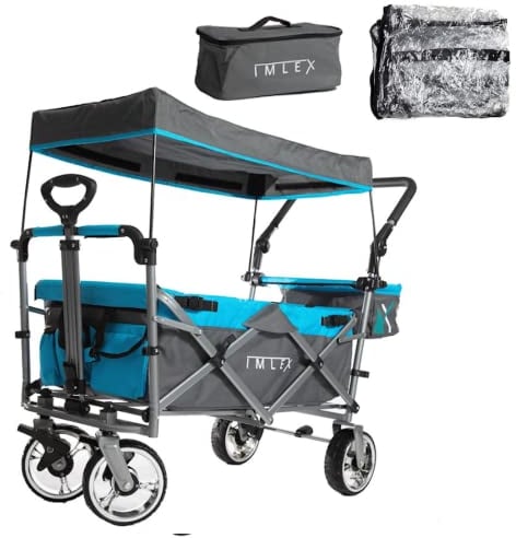 IMLEX Bollerwagen faltbar mit Dach IM-4268 mit passendem Zubehör (Azurblau, Mit Regenschutz + Kühltasche)