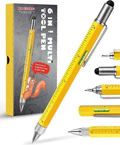 POCIONE Multi-tool Pen - 6 in 1 Cool Gadget for Men & Women - Yellow Aluminum with Phillips Screwdriver & Stylus - Perfect for Construction, Woodworking, Engineering & More
