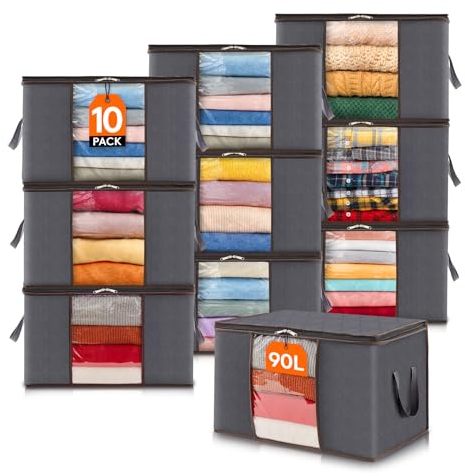Lifewit 10 Stück 90L Aufbewahrungstasche, Aufbewahrungsbox mit Deckel, Groß Kleideraufbewahrung Umzugskartons, Faltbare Aufbewahrung Boxen für Bettdecken Decken Kleidung Unterbett Kleiderschrank, Grau