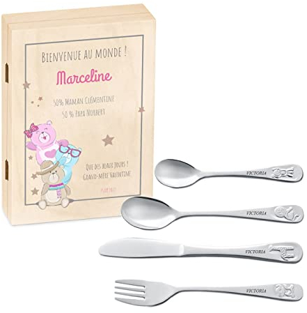 Maverton Set de Couvert Enfant personnalisé dans boîte en bois imprimée - Thème Animal - Cadeau Naissance Fille - Cadeau personnalisé Bebe Naissance filles - Cadeaux bébé - Coutellerie gravée - OURS