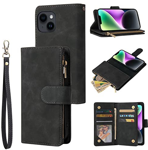 QLTYPRI Case for iPhone 14, Large Capacity Leather Wallet Case 6 Card Holder & 1 Zipper Pocket Kickstand Wrist Strap Magnetic Case for iPhone 14 - Black