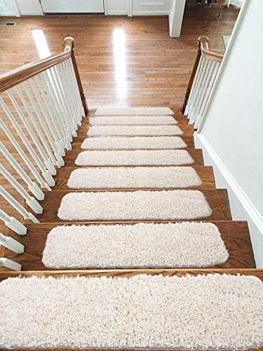Emmahome Soft Shaggy Carpet Stair Treads/Mats/Rugs NON-SLIP MACHINE WASHABLE, 30mm Thickness, 20x55cm (13pc in Box, Cream)