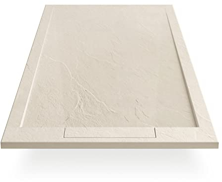 EGO INTERIORS Premium Design Duschwanne 100 x 80 cm Naturstein-optik, Farbe Creme, Flache Duschtasse aus Mineralguss, Rutschfeste Struktur, Superflach, Rechteckiges Duschbecken