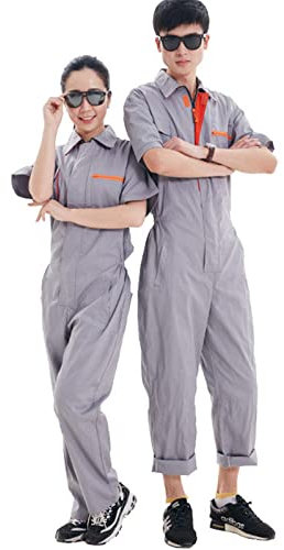 Resnan Herren-Overall, staubdicht, Arbeitskleidung, Mechaniker, Arbeitsoverall, Kurzarm, Overall mit Reißverschluss, Unisex, GRAU, XL