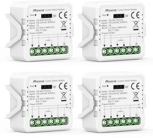 Maxcio Interruptor Persianas WiFi Módulo, Relé de Persiana WiFi con Función de Porcentaje, Temporizador, Control por App y Voz, Interruptor Persiana Compatible con Alexa/Google Home, 4 Packs