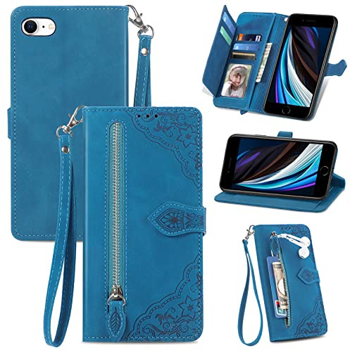 JayModCase Coque pour iPhone SE 2022 5G / iPhone SE 2020 / iPhone 8/7 (4,7 Pouces), PU Portefeuille Rabat Fermeture aimantée étui en Cuir [Antichoc TPU] [Fonction Support] [Dragonne] - Bleu