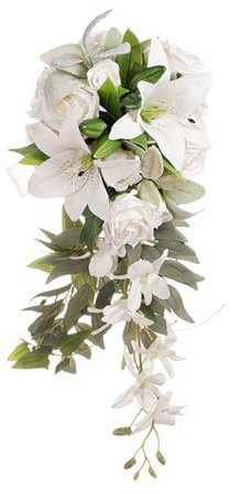 INIFLM Bouquet de Larme de Mariée Tenant des Fleurs, Bouquets de Mariage de Roses pour Mariée, Bouquet de Fleurs Artificielles, Bouquet de Mariée en Cascade pour la Décoration de la(Lys Blancs)