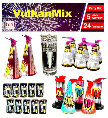 h2i Vulkan Mix | 24 volcans – 5 compartiments assortis | Fête amusante pour petits et grands I Enfants & adolescents | F1 Feu d'artifice toute l'année Cat. F1