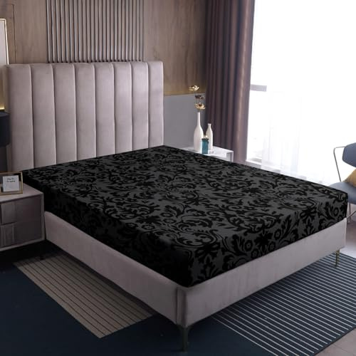 Erwachsene Schwarz Damast Bettwäsche Set Antike Viktorianische Barock Spannbettlaken 160x200x30 Gotische Vintage Floral Bettwäsche Böhmische Exotische Spannbettlaken Schlafzimmer Dekor